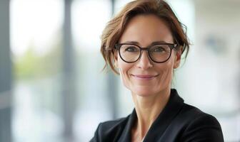 ai generado retrato de contento negocio mujer vistiendo lentes a lugar de trabajo en oficina. foto