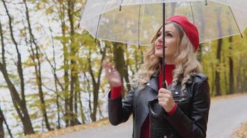 mulher enrolado acima dela guarda-chuva. lindo Loiras mulher caminhando dentro a outono parque video