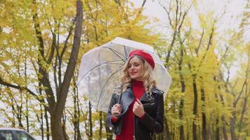 lindo Loiras mulher caminhando dentro a outono parque com guarda-chuva video