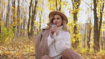 hermosa rubia mujer en un marrón sombrero bebidas café en el otoño parque video