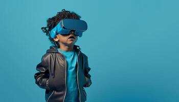 ai generado un niño es molesto su vr auriculares terminado azul antecedentes. generativo ai foto