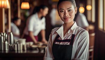 ai generado asiático mujer en un delantal en pie restaurante. generativo ai foto