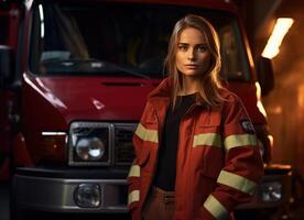 AI generated Young Female Firefighter Beside a Fire Truck During Golden Hour photo