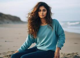 AI generated Serene Young Woman Sitting on a Beach at Sunset in Casual Attire photo