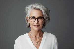 AI generated Beautiful senior woman on grey background photo