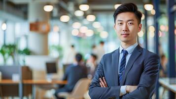 AI generated Asian businessman in suit in office, suitable for business presentations, corporate websites, brochures, and financial reports. Ideal for professional settings. photo