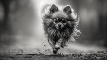 ai generado pomeranio perro correr, ideal para mascota producto anuncios, naturaleza temática diseños, o al aire libre actividad promociones para blogs, sitios web, o social medios de comunicación. foto