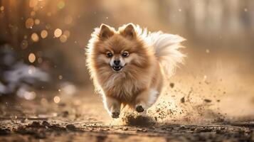 AI generated Pomeranian dog sprinting in dirt with blurred background, ideal for outdoor, active, canine, speed, nature, and pet related designs. photo