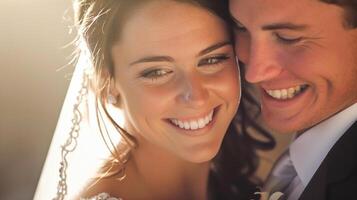 AI generated Bride and groom smiling at camera. Suitable for wedding invitations, marriage counseling advertisements, bridal magazines, and relationship blog posts. photo