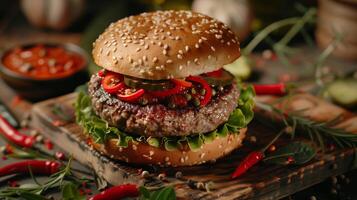 ai generado hamburguesa con lechuga y queso en un de madera tablero. Perfecto para restaurante menús, comida blogs, y social medios de comunicación publicaciones foto