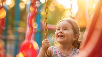 AI generated Little girl smiling on the playground, perfect for children books, educational materials, websites, and early childhood development resources. photo