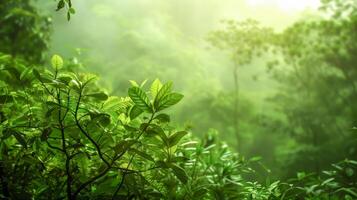 AI generated Closeup of tree with green leaves in forest. Suitable for nature, environment, forestry, outdoors, greenery, tranquility, wildlife, and ecofriendly concepts. photo