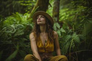 AI generated Serene Nature Enthusiast in Lush Vibrant Forest Full Body Portrait 2024 photo