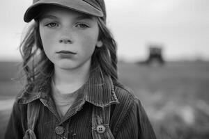 ai generado conmovedor niño retrato en trabajo ajuste en medio de campos o industrial fondo 2024 foto