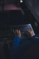 Using mobile and laptop, Thoughtful asian people female person onboard, airplane window, perfectly capture the anticipation and excitement of holiday travel. chinese, japanese people. photo