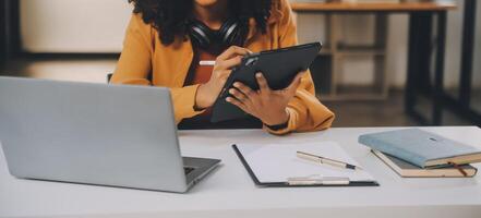 Finance manager meeting discussing company growth project success financial statistics, professional investor working start up project for strategy plan with document, laptop and digital tablet. photo