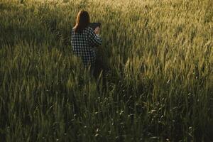 Smart farm. Farmer with tablet in the field. Agriculture, gardening or ecology concept. Harvesting. Agro business. photo