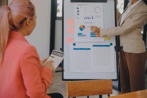 grupo de jóvenes empresarios asiáticos del equipo de negocios creativos compañeros de trabajo en el cargo felices de tener éxito en el trabajo en equipo de la asociación celebrando el logro y el concepto de éxito. foto