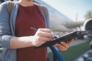 Blonde female tourist checking incoming notification on smartphone sitting on seat of airplane with netbook.Young businesswoman share media from telephone on laptop computer during plane flight photo