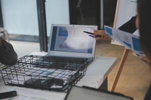 Close up ux developer and ui designer use augmented reality brainstorming about mobile app interface wireframe design on desk at modern office.Creative digital development agency photo