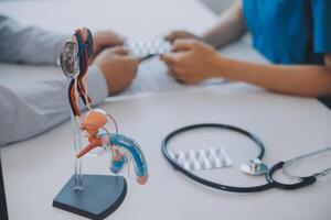 Doctor uses anatomical model to explain male urinary system. Model labeled with parts, doctor points and explains how they work together for urinary function, ensuring patient comprehension. photo