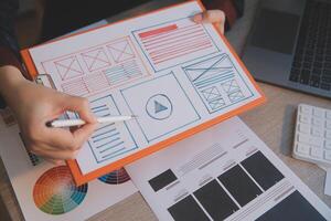 UX UI design process for modish mobile application and website . Creative prototype of wireframe for professional app developer . photo