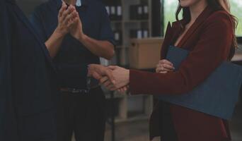 Business handshake for teamwork of business merger and acquisition,successful negotiate,hand shake,two businessman shake hand with partner to celebration partnership and business deal concept photo