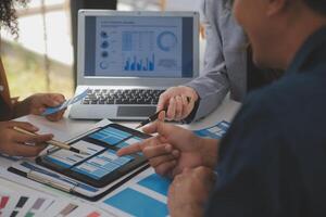 Close up ux developer and ui designer use augmented reality brainstorming about mobile app interface wireframe design on desk at modern office.Creative digital development agency photo