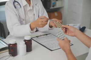 Healthcare service and pharmacy worker with customer at store counter for medication explanation. Pharmaceutical advice and opinion of pharmacist helping girl with medicine information. photo