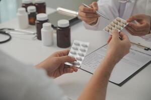 Healthcare service and pharmacy worker with customer at store counter for medication explanation. Pharmaceutical advice and opinion of pharmacist helping girl with medicine information. photo