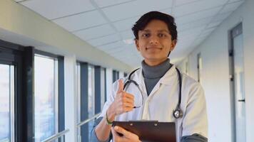 Friendly happy indian male physician or intern professional general practitioner posing with stethoscope looking at camera in clinic. Smiling young doctor close up portrait video