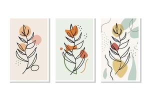 Botanical wall art vector set. Foliage line art drawing with abstract shape