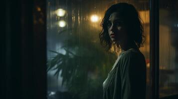 AI generated Woman looking pensively out of a rainy window, a moment of solitude and reflection, with a moody and introspective atmosphere. photo