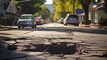 AI generated A blurred view of a residential street with foreground focus on a damaged and neglected asphalt road. photo