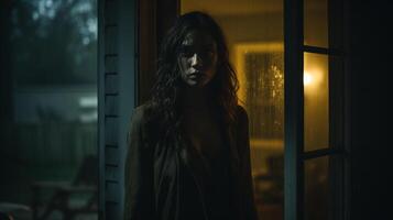 AI generated Moody scene with whispers symbolizing intrusive thoughts. Portrait of a woman by a window with a contemplative look, rainy background. photo