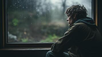 ai generado hombre sentado por un ventana en un lluvioso día, mirando fuera con un pensativo expresión. foto