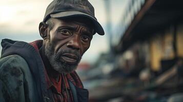 AI generated Contemplative senior man in urban setting. Emotional portrait capturing life experiences and survival. photo