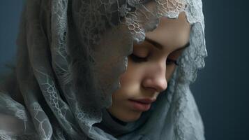 AI generated Close-up portrait of a Muslim woman with eyes closed covered by a delicate lace veil. Studio photography with a serene and pure concept for design and print. photo