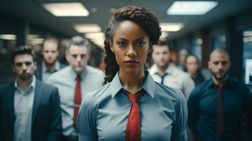 AI generated Gender Inequality in the Workplace concept. African-American woman in an office surrounded by men. Racial and sexist discrimination at work. photo