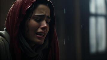 AI generated Crying woman with red headscarf in rain. Emotional pain expression. Cinematic female portrait with somber mood. Design for storytelling, film poster. photo