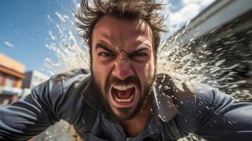 ai generado intenso emoción de un hombre con dinámica agua salpicaduras capturado en un vívido acción disparo. foto