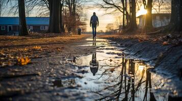 AI generated Lone man walking away on a country road at sunset, reflective puddles and trees. Solitude, peaceful escape scene. photo