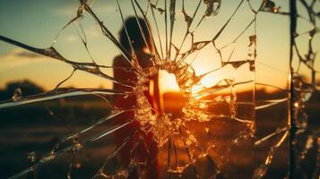 AI generated Broken Relationship concept. Close-up of intricate patterns in shattered glass with a setting sun, symbolizing broken dreams and beauty in chaos. photo