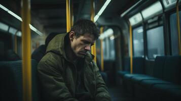 AI generated Exhausted man sleeping in an empty subway car, late night travel. Tired, solitude, urban commuting scene. photo