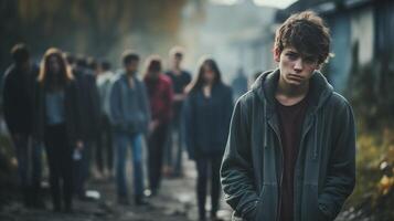 AI generated Cyberbullying Teenage boy with a somber expression standing apart from a crowd on a foggy street. Concept of isolation and individuality. photo