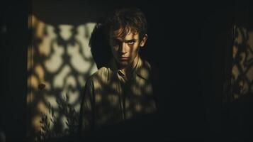 AI generated Dramatic portrait of a young man's face with intricate shadow patterns. Concept of inner complexity and the interplay of light and dark. photo