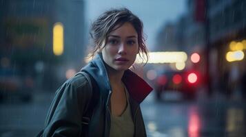 ai generado joven mujer en verde chaqueta debajo lluvia en ciudad luces. cinematográfico retrato con Bokeh. urbano vida y emocional estrés concepto. diseño para póster, bandera. foto