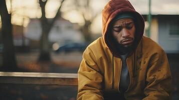 AI generated Contemplative man sitting alone on a bench. Solitude and introspection concept for loneliness, depression, and thoughtful reflection. photo