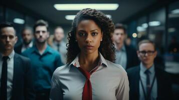 AI generated Gender Inequality in the Workplace concept. African-American woman in an office surrounded by men. Racial and sexist discrimination at work. photo