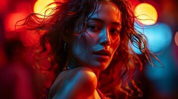 AI generated Woman with wet hair against a neon lit background, evoking a dramatic atmosphere. photo